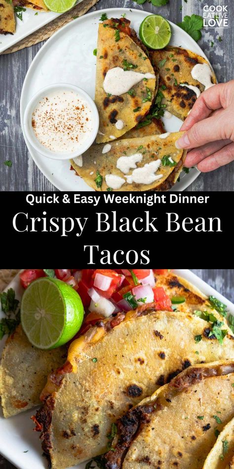 Looking for a healthy fall dinner idea? These crispy black bean tacos are the ultimate comfort food! These tacos are quick, easy to make and budget-friendly making them perfect for busy weeknight meals. Packed with protein-rich black beans, melty cheese, fresh toppings makes this dish a nutritious, delicious meal. Ready in just 30 minutes, you’ll have a filling and flavorful taco feast the whole family will love! #highproteindinner #plantbasedtacos #fallcomfortfood Black Bean Taco Recipe, Crispy Black Bean Tacos, Crispy Black Bean, Busy Weeknight Meals, Latino Recipes, Healthy Fall Dinner, High Protein Dinner, Black Bean Tacos, Yummy Fall Recipes