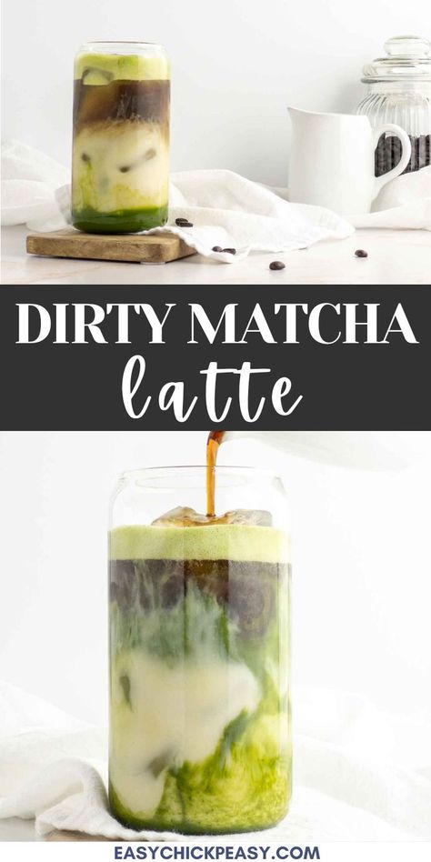 This earthy and nutty easy iced dirty matcha latte is barista-level beautiful, yet it whips up in under 5 minutes. Starbucks Iced Green Tea, Starbucks Iced Matcha, Green Tea Matcha Latte, Green Tea Latte Recipe, Matcha Frappuccino, Iced Matcha Green Tea, Matcha Tea Latte, Starbucks Matcha, Tea Latte Recipe