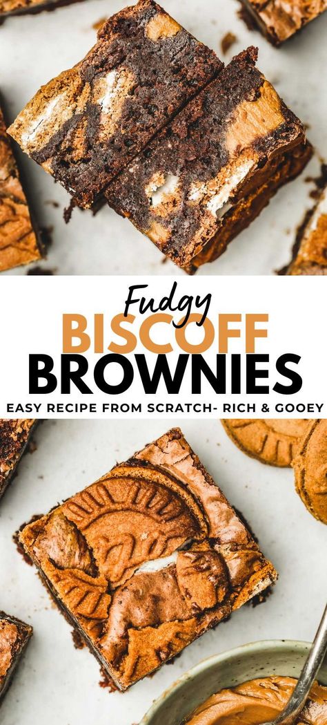 Indulge in the decadent delight of Biscoff Brownies, a perfect treat for any occasion! This easy recipe, made completely from scratch, combines the irresistible flavors of Lotus cookies and creamy cookie butter. With a luscious Biscoff butter swirl throughout, these brownies are rich, moist, and utterly satisfying. Whether you're craving a sweet pick-me-up or hosting a gathering, these Biscoff Brownies are sure to impress with their luxurious taste and simple preparation. Dessert Recipes With Biscoff Cookies, Dessert Recipes Biscoff, Desserts With Lotus Biscoff, Easy Biscoff Dessert Recipes, Biscoff Cookie Desserts, Biscoff Brownies Recipe, Biscoff Recipes Cookies, Blondie Flavors, Biscoff Cookie Recipes