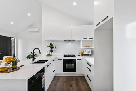 U-Shaped Kitchen in Black & White Style, with Stone Waterfall | Trade Me Marketplace Kitchen In Black, Combination With Black, Stone Waterfall, Shaped Kitchen, Cabinet Detailing, Kitchen Manufacturers, Sink Units, Building Renovation, U Shaped Kitchen