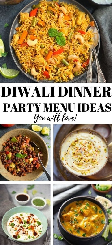 Looking for easy indian dinner menu ideas for the upcoming party? Here I am sharing a variety of dishes to impress your guests including appetizers, entrees, and desserts | indian party menu vegetarian | diwali dinner menu | Indian recipes | festival food ideas | pipingpotcurry.com Indian Dinner Party Menu Ideas, Festival Food Ideas, Lunch Party Menu, Indian Dinner Party, Diwali Dishes, Indian Dinner Menu, Diwali Dinner, Indian Entree, Dinner Party Menu Ideas