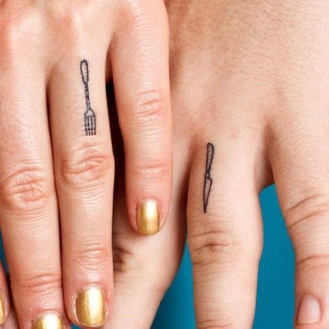 Fork tattoos Fork Tattoo, Small Matching Tattoos, Couple Matching Tattoo, Knife Tattoo, Intricate Tattoo, Dainty Tattoos, Ink Ideas, Symbolic Tattoos, Matching Tattoos