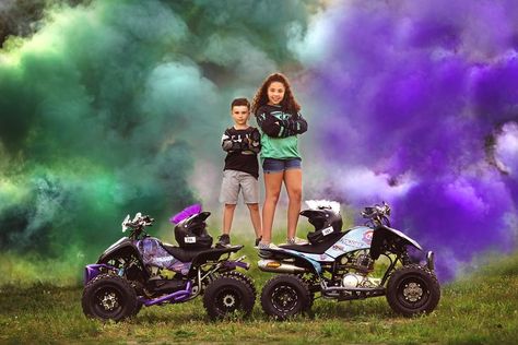 Smoke bomb four wheeler photo session. Teal and purple. Cool atv photo shoot Four Wheeler, Four Wheelers, Monster Jam, 7th Birthday, 5th Birthday, Photo Session, Family Pictures, Senior Pictures, Photo Sessions