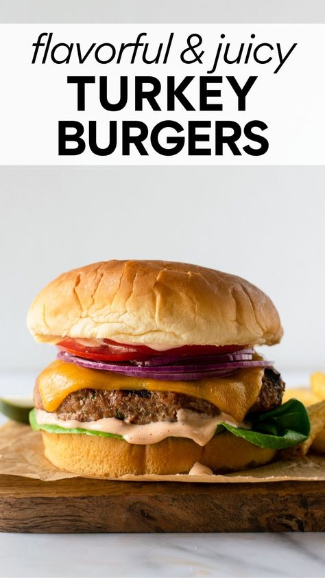 If you're craving BIG flavor, you need to make these turkey burgers. This grilled turkey burger recipe proves that ground turkey can produce a flavorful, juicy burger just like a traditional beef burger. Trust me, these turkey burgers will exceed your expectations and become a favorite! #burgers #turkeyburgers Turkey Burger Recipes Oven, Ground Turkey Burger Recipes, Oven Turkey Burgers, Grilled Turkey Burgers Recipes, Easy Green Salad Recipes, Turkey Burger Recipes Healthy, Oven Burgers, Ground Turkey Burgers, Ground Turkey Recipes Easy