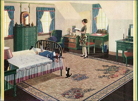 https://flic.kr/p/62PxGP | 1928 Congoleum Rug - Attic Bedroom | Source: Ladies Home Journal See other bedrooms from the 1920s gallery at American Home & Style. 1930s Bedroom, 1920s Bedroom, 1930s Decor, 1920 House, 1920s Interior, Old House Interior, Small Attic, 1920s House, Attic Design