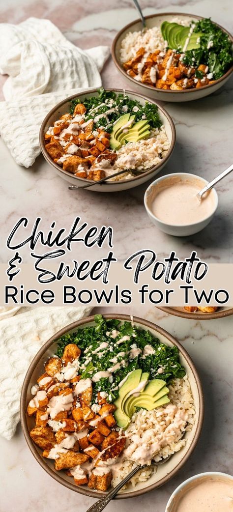 A delicious and nutrient-dense recipe for roasted chicken and sweet potato rice bowls topped with roasted chicken breast, roasted sweet potatoes, massaged kale, crumbled feta cheese, avocado, and a creamy chipotle sauce. This is a small batch recipe that makes two chicken and sweet potato rice bowls. #chickenricebowls #chickenkalebowls #sweetpotatobowl #healthyrecipeideas #healthydinnerideas #recipesfortwo #smallbatchrecipes Highly Nutritious Meals, Turkey Sweet Potato Bowl, Fall High Protein Recipes, Chicken And Sweet Potato Recipe Healthy, Healthy Date Night Recipes, Wic Recipes Ideas, Quick High Protein Dinner, Recipe For Roasted Chicken, Cozy Fall Dinner Recipes