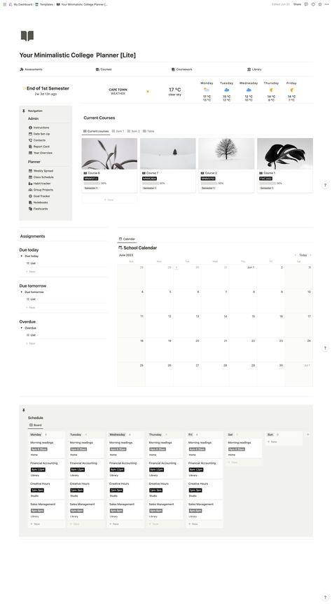 [ Lite Version ] This minimalistic college planner [Lite] is designed to help students stay organized and on top of their schoolwork. It includes sections for: - assessments - courses - coursework - library - instructions, date set-up, - contacts, - report card, - year overview, - weekly spread, - class schedule - habit tracker - group projects - goal tracker - notebooks - flashcards Notion University Template, Minimalistic Notion, Notion Minimalist, Event Organizer Planners, Notion Weekly Planner, Notion Study, Notion Weekly, Minimalist Notion, Life Dashboard