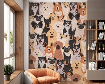 Watercolor Dog Wallpaper, Dogs Breeds Print Pet Lover Wall Art With Cute Doggie, Watercolor Dog Breeds Wallpaper - Etsy Cat Mural, Stick Decor, Funky Wallpaper, Doggy Daycare, Nursery Patterns, Dogs Breeds, Bedroom Renovation, Dog Wall Art, Dog Wallpaper