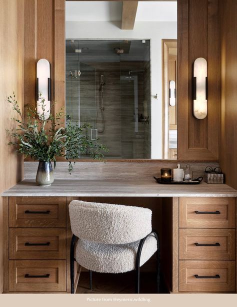 Collection: MelangeSKU: 5985580 Makeup Vanity Nook In Bathroom, Vanity Aesthetic Bathroom, Master Bath Cabinetry, Shower With Vanity Next To It, Makeup Vanity Bathroom Master Bath, Built In Makeup Vanity In Bathroom, Makeup Vanity Ideas Bathroom, Organic Modern Bathroom Design, Bathroom Design Vanity