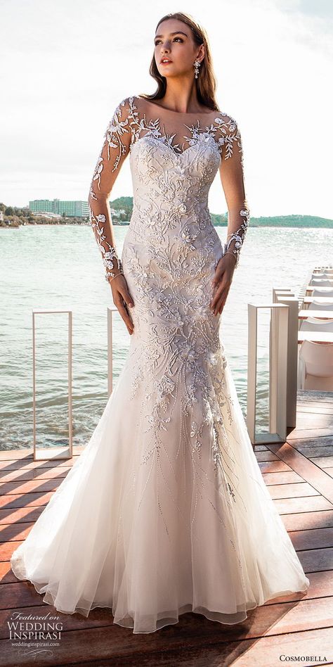 cosmobella 2020 bridal illusion long sleeves sheer bateau neck sweetheart fully embellished fit flare mermaid wedding dress (12) glitzy glam chapel train mv -- Cosmobella 2020 Wedding Dresses | Wedding Inspirasi #wedding #weddings #bridal #weddingdress #weddingdresses #bride #fashion  ~ Bridal Dress Sleeves, Demetrios Wedding Dress, Mermaid Wedding Dress With Sleeves, Wedding Dresses Sydney, Long Sleeve Mermaid Wedding Dress, Glitzy Glam, Wedding Inspirasi, Bride Fashion, Used Wedding Dresses