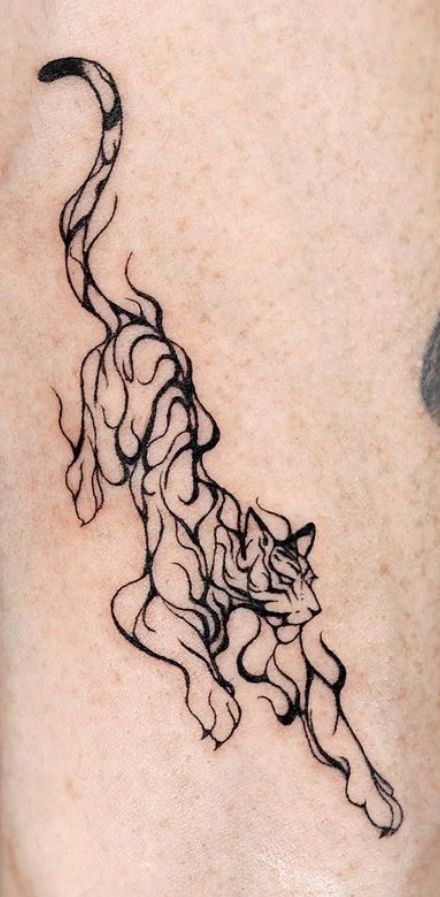 Unique Funny Tattoos, Tattoo To Go Around Another Tattoo, Flaming Tiger Tattoo, Flame Tiger Tattoo, Earthy Feminine Tattoos, Year Of The Tiger Tattoo For Women, Tiger Tramp Stamp, Abstract Tiger Tattoo, Symetric Tattoo Ideas Arms