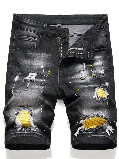 Spray Painted Ripped Denim Shorts Mens Casual Street Style Mid Stretch Distressed Denim Shorts For Summer | Shop The Latest Trends | Temu Mens Casual Street Style, Denim Shorts Black, Mens Denim Shorts, Shorts For Summer, Ripped Denim Shorts, Men Spring, Lingerie Accessories, Summer Black, Distressed Denim Shorts