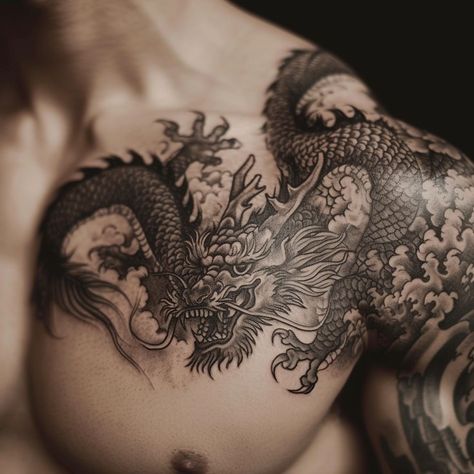 Dragon Tattoo Shoulder, Dragon Tattoo Chest, Herren Hand Tattoos, Dragon Tattoo Arm, Japanese Tattoos For Men, Dragon Tattoo Ideas, Dragon Tattoos For Men, Dragon Sleeve Tattoos, 100 Tattoo