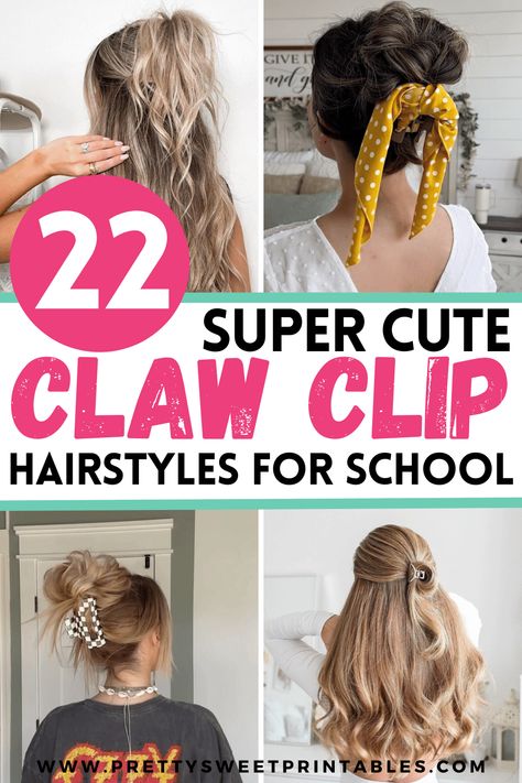 22 Stylish Claw Clip Hairstyles You Need To Try | Pretty Sweet Printables Cute Claw Clip Hairstyles Long Hair Easy, Pretty Hair Clip Hairstyles, Ways To Do Hair With Claw Clip, Different Ways To Wear Your Hair In A Claw Clip, Easy Half Up Half Down Claw Clip, Half Up Claw Clip Hairstyles Tutorial, Clip Ideas For Long Hair, Storing Claw Clips, Long Thick Hair Claw Clip Hairstyles