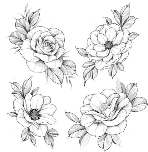 Flower Outline Tattoo, Dragon Tattoo Outline, Black Flowers Tattoo, Carnation Tattoo, Rose Drawing Tattoo, Floral Thigh Tattoos, Animal Tattoo Ideas, Tattoo Outline Drawing, Flower Line Drawings