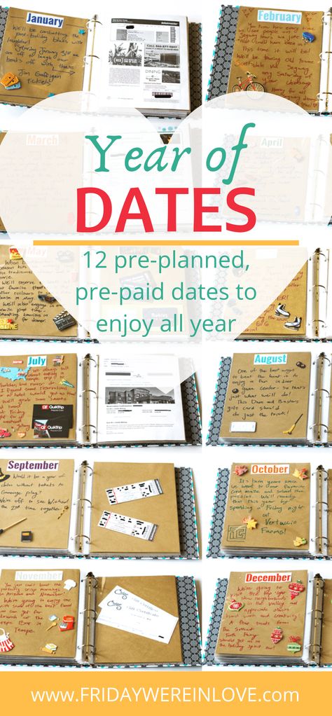 The Ultimate Date Night Gift Idea for Couples: Gift a year of dates! 12 pre-planned, pre-paid dates to enjoy all year + several lists of date ideas to come up with the ultimate 12 months of dates present! #yearofdates #datenightgift #fridaywereinlove Year Of Dates Gift, 12 Months Of Dates, A Year Of Dates, Unique Date Ideas, Date Night Gifts, Creative Dates, Cute Date Ideas, Romantic Date Ideas, Year Of Dates