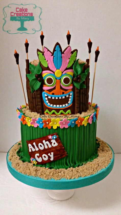 Hawaiian Cake                                                                                                                                                                                 More Hawaii Birthday Cake, Hawaiian Birthday Cake, Hawaiian Theme Cakes, Hawaiian Birthday Cakes, Tiki Cake, Hawaii Cake, Beach Birthday Cake, Hawaiian Cake, Twin Birthday Cakes