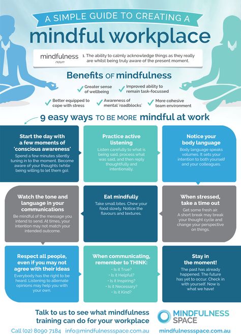 Mindfulness Infographic - A Simple Guide to Creating a Mindful Workplace Office Wellness, Mindfulness At Work, Benefits Of Mindfulness, Mindfulness Training, Workplace Wellness, Wellness Massage, Conscious Awareness, Corporate Wellness, Employee Wellness