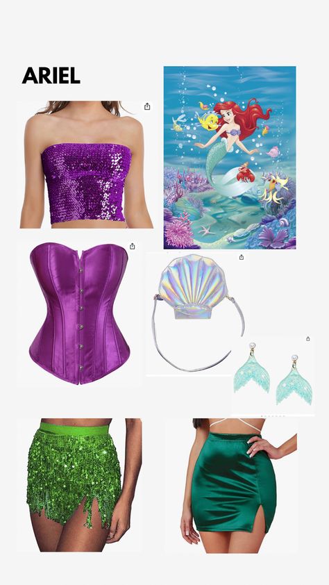 Disney Princess Halloween costume. The Little Mermaid. Green and purple costume Ariel Princess Costume College, Hot Ariel Halloween Costume, Ariel Costumes Women, Hot Ariel Costume, Diy Ariel Costume Women Easy, Ariel Custome Halloween, Arial Princess Costume, College Ariel Costume, Preppy Mermaid Costume