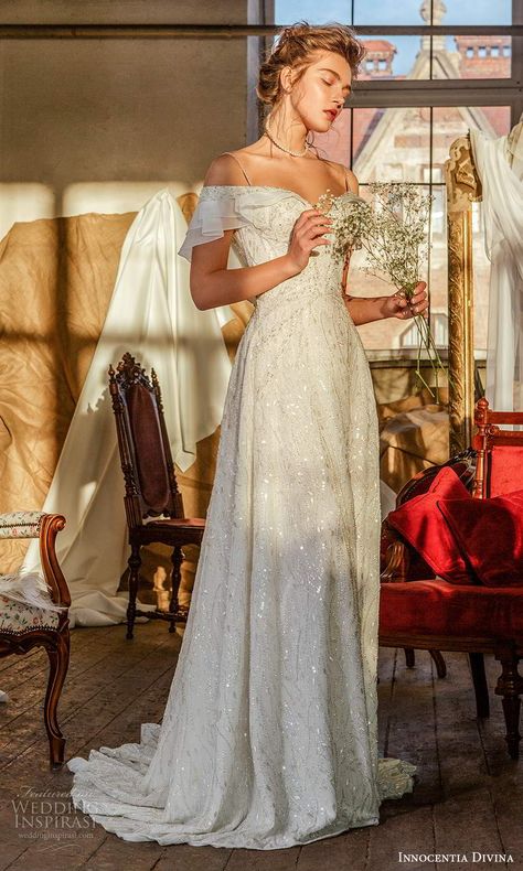 Aurora Style Wedding Dress, Across The Shoulder Wedding Dress, On The Shoulder Wedding Dress, White Embroidery Wedding Dress, Wedding Dress Hot Weather, Innocentia Wedding Dress, Off Shoulder Dress With Straps, Simple Ethereal Wedding Dress, Wedding Dresses Embellished