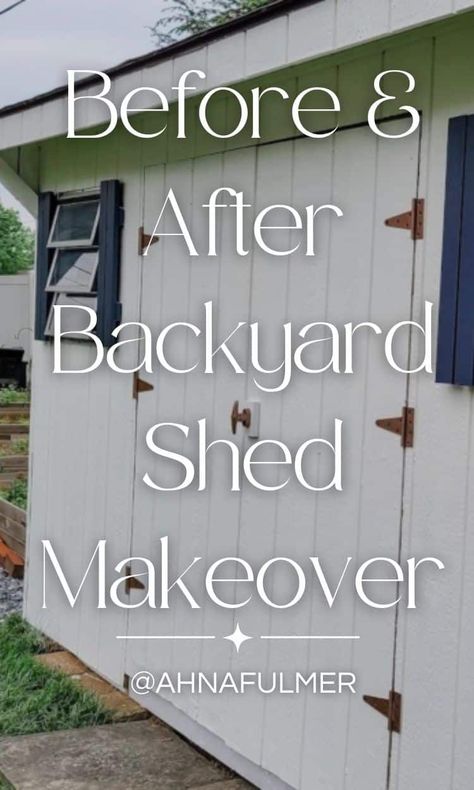 Check out this before and after shed makeover, and find inspiration to give any backyard shed a facelift this summer. Tap on this pin to get this DIY tutorial and more with Ahna Fulmer // HammersNHugs.com. #outdoorliving #outdoorproject #backyard Diy Shed Makeover, Shed Paint Colours, Shed Exterior Ideas, Sheds Ideas Backyard, Outside Sheds, Garden Shed Interiors, Small Garden Shed, Painted Shed, Shed Landscaping