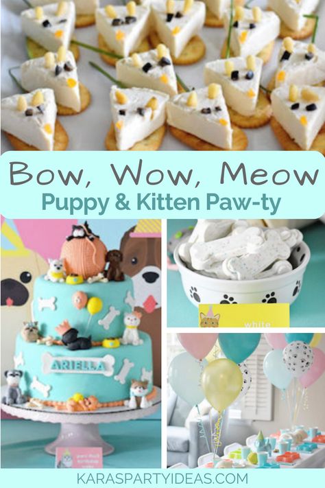 Cat And Dog Party Theme, Cat And Dog First Birthday Party, Puppy Kitten Birthday Party, Puppies And Kitties Birthday Party, Kitten And Puppy Birthday Party, Dog And Cat Party Ideas, Cats And Dogs Birthday Party For Kids, Paw Tea Party, Cat Party Ideas Food