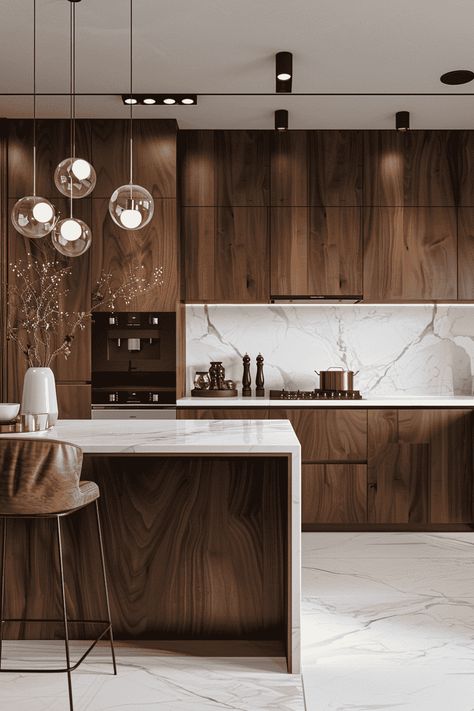 Modern Walnut Kitchen Design, Laminate Wood Flooring Kitchen Dark Cabinets, Gorgeous Kitchens Luxe, Elegant Homes Interior Luxury, Kitchen Brown Cabinets White Counter, Walnut Wood Interior Design, Walnut Interior Design, Warm Contemporary Kitchen, Modern Walnut Kitchen