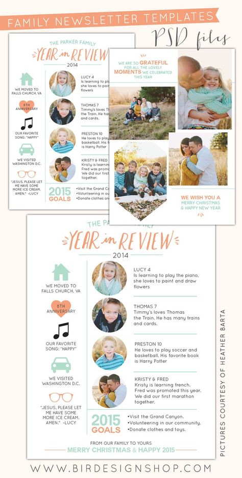 FREE photoshop download + Year in review newsletters | Photoshop templates for photographers by Birdesign Christmas Newsletter Ideas, Christmas Letter Ideas, Family Newsletter, Christmas Letter Template, Newsletter Template Free, Family Yearbook, Christmas Newsletter, Photoshop Templates Free, Newsletter Ideas