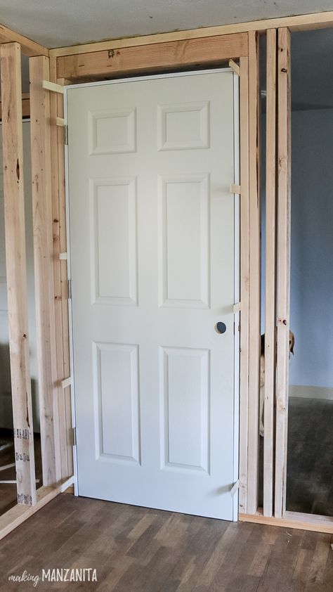 Add A Door To A Room, Building A Door Frame, How To Install A Door Without A Frame, Diy Door Frame How To Build, How To Build A Wall With A Door, Diy Door Frame, Framing A Doorway, Frame A Door, Interior Door Installation