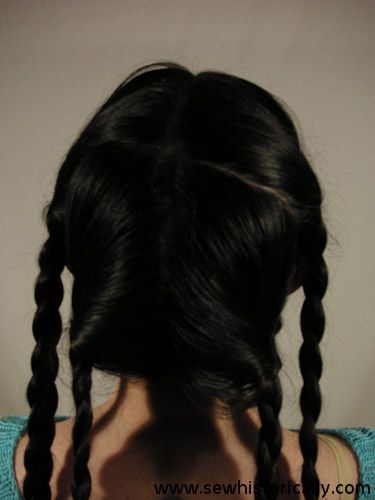 Part your hair into 4 sections: down the middle, and from ear to ear. Braid each section. Cross the two braids which are nearer the back of the head, and loop them up. Secure the braids with hairpins. Now cross the two front braids under the pinned back braids, and pin them. Hide the ends … Continue reading 1861 Godey’s Braided Coiffure For A Young Lady – Tutorial → 2 Criss Cross Stitch Braids, Cross French Braid, Two Front Braids, Braid Tucked Behind Ear, Pigtail Loop Braids, Cross Cross Braids Into Bun, Back Braids, Loop Braid, Back Braid