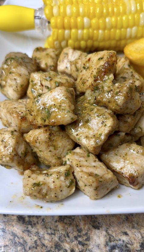 Garlic Butter Pork Chop Bites - What's Mom Cookin' Pork Chop Uses, Pork Chop Meat Recipes, Country Pork Chop Recipes, Garlic Pork Chop Bites, Pork Chop Recipe Ideas, Garlic Pork Bites Air Fryer, Butter Pork Chop Recipes, Keto Pork Chop Dinner Recipes, Garlic Parmesan Pork Chop Bites Air Fryer