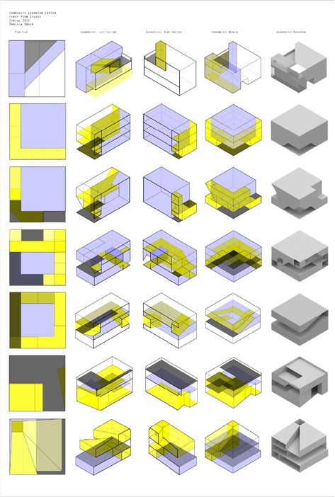 Iteration Diagrams First Year Community Learning Center Massing Study Architecture Bjarke Ingels Architecture, Mass Study, Typology Architecture, Oma Architecture, Architecture Study, Collage Architecture, Architecture Diagram, Concept Models Architecture, Perspective Drawing Architecture