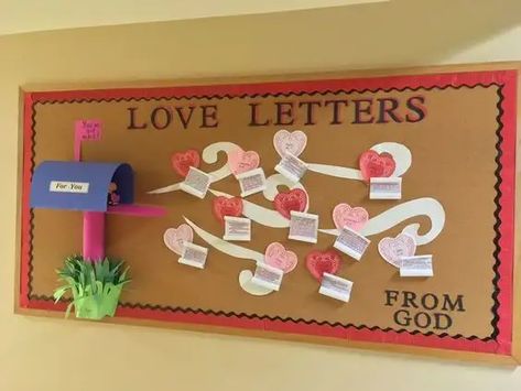 Valentine's Day Bulletin Board Ideas: 12 Lovely Kidmin Displays Valentine’s Day Christian Bulletin Boards, Love Letters From God Bulletin Board, Valentine Bulletin Boards For Church, Church Valentine Bulletin Board Ideas, Bulletin Board Ideas For January, Love Bulletin Board Ideas, Valentine’s Day Bulletin Board, Valentines Bulletin Boards, Valentines Day Bulletin Board Ideas