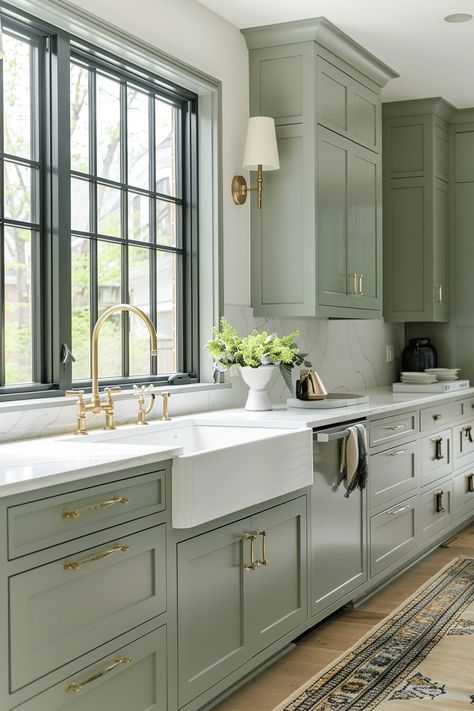 27 Stunning Sage Green Kitchen Cabinets ideas that you need to see - Unique Design Blog Farmhouse Kitchen Sage Cabinets, Sage Green Kitchen Gold Handles, Sage Green Kitchen Cabinets With Granite, Sage Green Tile Kitchen, Sage Green Kitchen Accents, Two Toned Green Kitchen Cabinets, Light Sage Green Kitchen Cabinets, Green Kitchen Cabinets Modern, Green Shaker Kitchen Cabinets