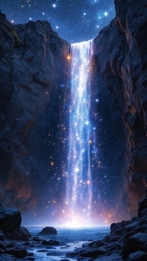 This stunning image captures an otherworldly scene where a mesmerizing waterfall spills not ordinary water, but a cascade of stars and ethereal cosmic dust from the precipice of a rugged cliff. The celestial particles tumble downward, forming a luminous pool at the base that casts an enchanting glow across the jagged terrain. Wrapped in a motif of serene starlight, the scene seamlessly combines elements of earthly nature – like surrounding rocks and plants, accented by the visible sky. Angel Waterfall, Magical Water, Blending Techniques, Cosmic Dust, Make Your Eyes Pop, Nice Images, Essential Products, Beautiful Art Pictures, Water Element