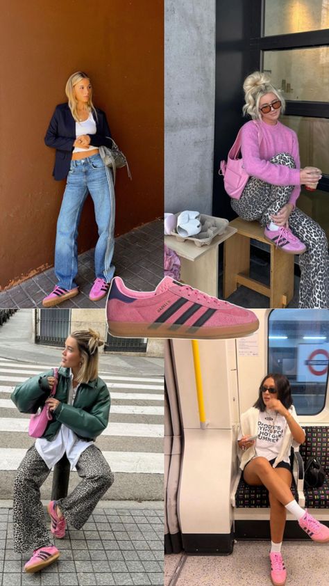 Outfit Inspiration Pink Adidas Outfit Sneakers, Colored Adidas Outfit, Styling Pink Sneakers Outfit, Pink Platform Gazelle Outfit, Pink And Blue Sambas Outfit, Pink Dress Sneakers Outfit, Casual Bold Outfits, Copenhagen September Outfit, Pink And Blue Adidas Gazelle Outfit