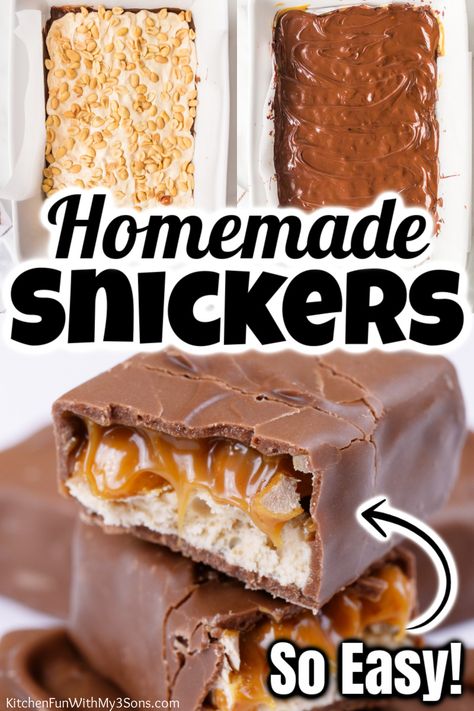 I'm crazy about these Homemade Snickers bars! With caramel, peanuts, chocolate and even marshmallow creme - these are even better than the original candy bar. I can't get enough of them. Bars With Caramel, Snickers Bars Recipe, Homemade Snickers Bars, Snickers Recipe, Candy Bar Recipe, Homemade Candy Bars, Snickers Chocolate, Snickers Candy Bar, Snickers Candy