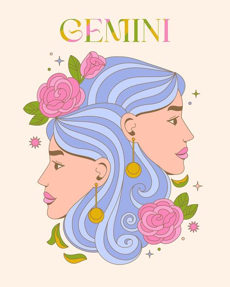 And because you asked for it, here’s Gemini! ♊️ Exploring a softer color palette for this one. I wanted it to complement the others in this series but hold true to this air sign’s color palette. Let me know what you think and comment below in which sign I should draw next! #adobedraw @adobedesign #adobevector #adobeillustrator #zodiacastrology #zodiacart #geminiseason #geminiart #astrologyart #astrologysigns #vectorartwork #artlicensing Zodiac Illustration Art, Gemini Drawing, Gemini Illustration, Zodiac Illustration, Gemini Art, Zodiac Sign Designs, Horoscope Art, Gemini Season, Zodiac Designs