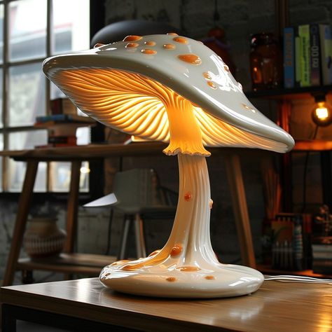 Introducing the “Fungi Glow Lamp,” inspired by the intricate beauty of mushrooms. Its eco-friendly design features a base resembling a mushroom stem and a translucent lampshade mirroring delicate mushroom caps, emitting a soft, enchanting glow. Each lamp is handcrafted, adding a touch of organic charm to any space. Conceptual AI Art Follow @ecosapiens for more! Mushroom Light Fixture, Paper Mache Mushroom Lamp, Mushrooms Lamp, Mushroom Stem, Light Globes, Mushroom Lamps, Sustainable Lighting, Mushroom Light, Countryside Decor