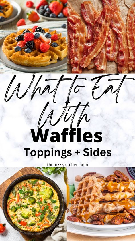 Wondering what to eat with waffles? I've got you covered! I've compiled a list of the best options that pair perfectly with this brunch classic (or if you're having breakfast for dinner!). From toppings and spreads to side dishes and drinks, I've got plenty of ideas for you! Waffles For Dinner Ideas, Waffle Topping Ideas Breakfast, Waffles Dinner Ideas, Waffle Meal Ideas, Breakfast Ideas With Waffles, Best Waffle Toppings, Waffle Side Dishes, What To Eat With Waffles, What Goes With Waffles