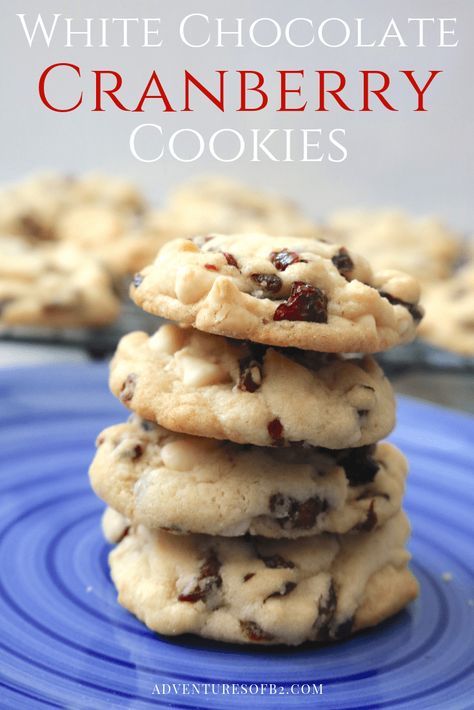 White chocolate cranberry cookies are super soft and chewy and bursting with white chocolate chips and dried cranberries. A fantastic easy to make cookie recipe- adventuresofb2.com #cookies #whitechocolate #cranberry #desserts Christmas White Chocolate, Cranberry And White Chocolate, Chocolate Cranberry Cookies, Cranberry Cookies Recipes, Cranberry Orange Cookies, White Chocolate Cranberry Cookies, Oatmeal Raisin Cookies Chewy, Easy To Make Cookies, White Chocolate Cookies