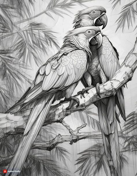 Jungle Drawing Sketches, Parrots Drawing, Exotic Drawing, Parrot Sketch, Leopard Sketch, Lion Head Drawing, Animal Sketches Easy, Jungle Drawing, Pencil Shading Techniques