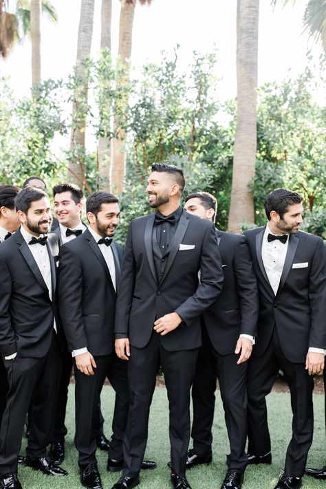 All Black Wedding Party Attire, Black And White Bridal Party, Black Wedding Suits, Black Tuxedo Wedding, Groomsmen Outfit, Wedding Suits For Men, Wedding Groomsmen Attire, Groomsmen Tuxedos, Grooms Suit