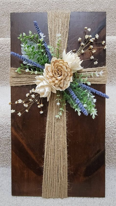 Sola Wood Flower Twine Cross - K & F Design Picture Frame Burlap Cross, Twine Cross On Wood, Dollar Tree Wooden Cross Crafts, Burlap Cross On Frame, Driftwood Cross Diy, Cross Crafts For Adults, Wood Cross Painting Ideas, Cross Crafts Diy, Twine Cross