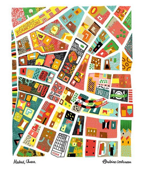 Madrid Map #afriendafar #maps #art #travel Illustration Design Graphique, Map Quilt, Illustrated Maps, Restaurants In Paris, Hand Drawn Map, Drawn Map, Map Globe, Architecture Inspiration, Art Carte