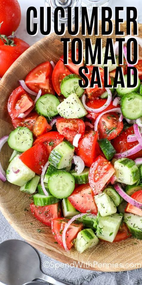 This easy cucumber tomato salad is the best way to use up your fresh garden vegetables. Slice and toss with a homemade vinaigrette dressing to create this Greek-inspired salad.  #spendwithpennies #cucumbertomatosalad #salad #summersalad #vegetablesalad Italian Tomato Cucumber Salad, Cucumber Salad Italian Dressing, Tomato And Cucumber Salad Easy, Tomato Salad Recipes Simple, Tomatoe Cucumber Salad, Greek Cucumber Tomato Salad, Tomato Onion Cucumber Salad, Tomato Vinaigrette Dressing, Tomato Cucumber And Onion Salad