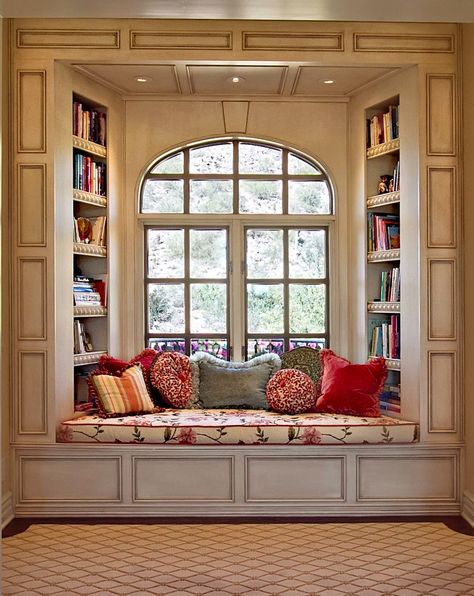 Wow! These built ins are some of the most beautiful I've seen.  The window seat with the arched window and all the wood detail is fabulous! تصميم للمنزل العصري, Home Libraries, Hus Inspiration, घर की सजावट, Cozy Nook, Home Library, Window Seat, Design Case, Bay Window