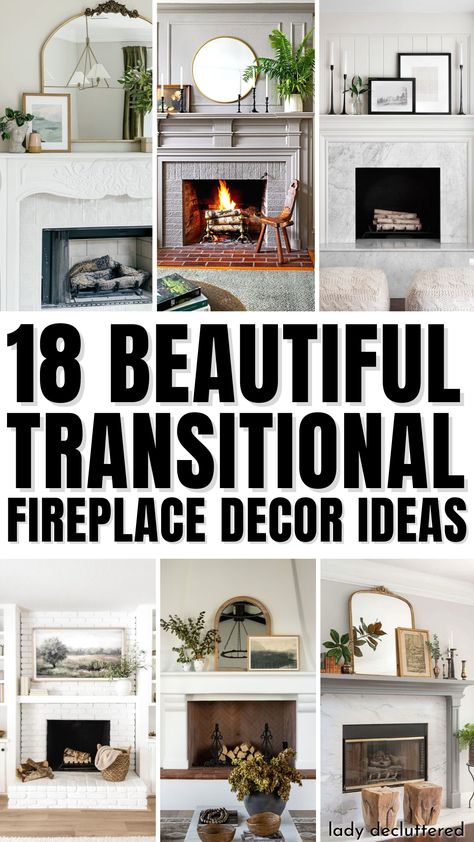 18 Beautiful Transitional Fireplace Decor Ideas Craftsman Mantle Decor, Over The Mantle Decor Ideas, Fireplace Mantel Update, Shallow Mantle Decor, Decorate Fireplace Mantle Ideas, 2024 Mantle Decor, Over The Fireplace Decor Mantel Ideas, Mantle Ideas Decorating, Everyday Mantle Decor Modern