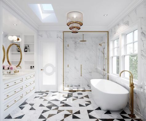 Bathrooms feature extensive use of white marble, and gold/bronze fixtures. Spa Like Bathrooms, Small Bathroom Design, Dream Bathroom, Shower Doors, Marbella, Bathroom Renovation, Luxury Bathroom, Bathroom Fixtures, Bathroom Inspiration