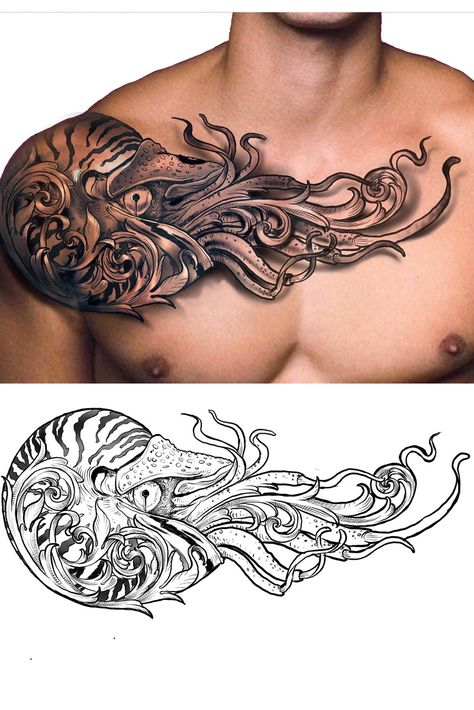 Chest Tattoo Male Design, Unique Tattoos For Men Chest, ရေဘဝဲ Tattoo, Conceptual Tattoo For Men, Nautilus Tattoo Design, Chest Design Tattoo, Tattoo Ideas For Chest, Left Chest Tattoo Men, Men Chest Tattoo Ideas Unique